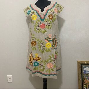 Sister Mary Lola Embroidered 100% Linen Floral Shift Dress Neutral Small